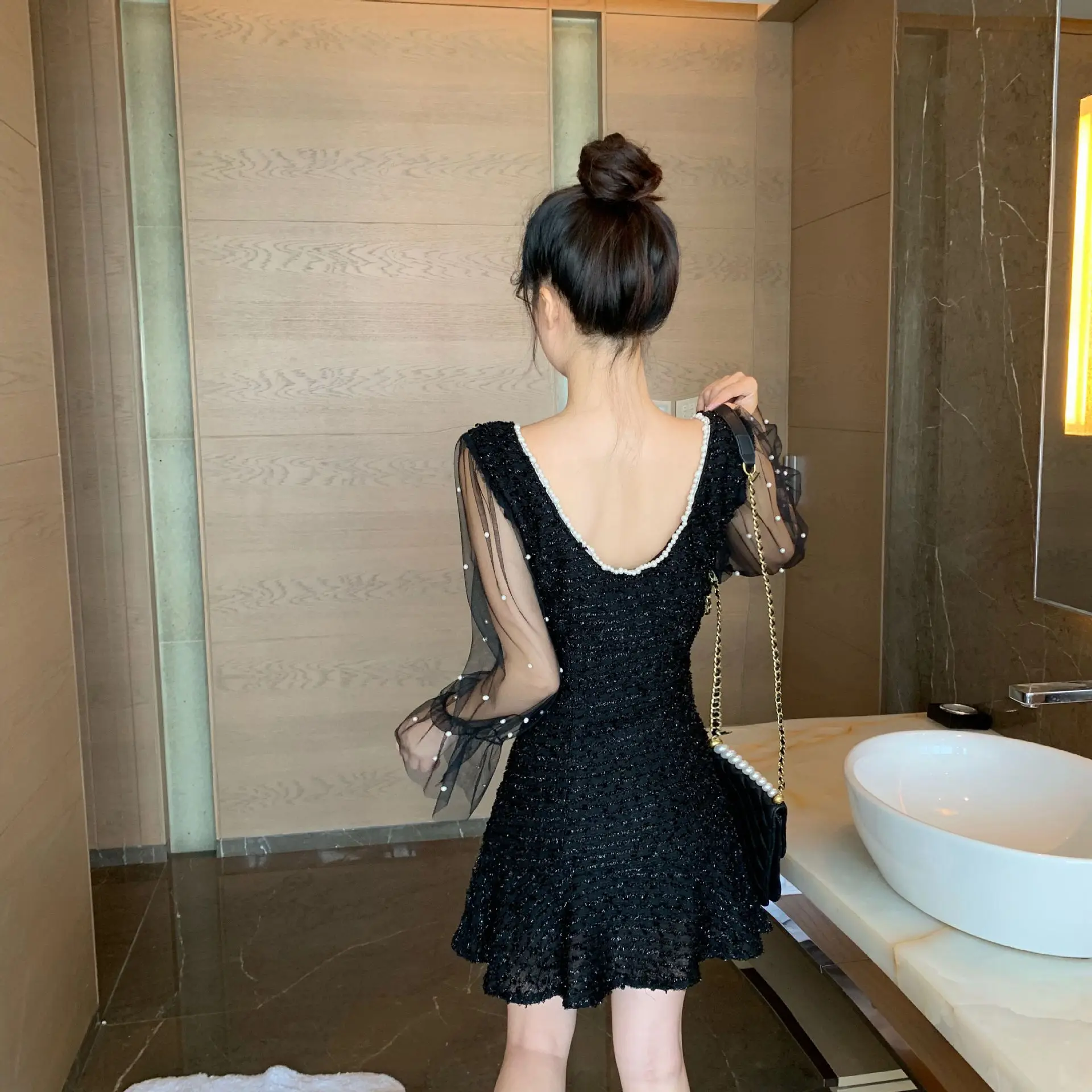 

Photo Shoot Slim Fit Sexy Backless Skirt Graceful Skirt Fishtail A- line Short Skirt French Square Collar