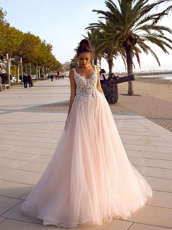 IvoryBlush V neck Appliques Lace Tulle Backless Beach Wedding Dresses 2020 Bridal Wedding Gown Vestido De Novias свадебное платье (1)