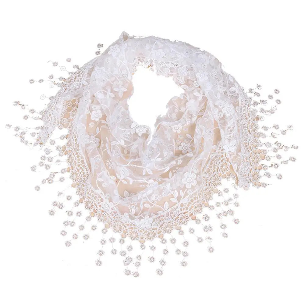 New Women's Scarf Korean Creative Lace Flower Scarf Scarf Tassel Silk Pointed Silk Scarf Fashion Shawl Bib Clothing Accessories - Цвет: White