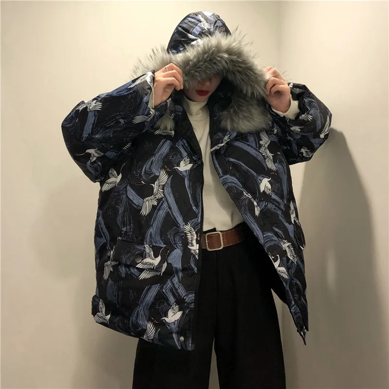 Woherb Harajuku куртки зимняя женская стеганая парка винтажный кран печати свободная японская стеганая куртка с капюшоном Femme Chaqueta Mujer
