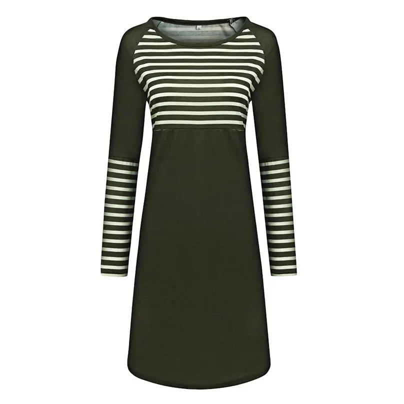 S-XXXL New Fashion Womens Dress Casual O-Neck Long Sleeves Printing Stripe Splicing Green Dress Vestidos 3O16 (3)