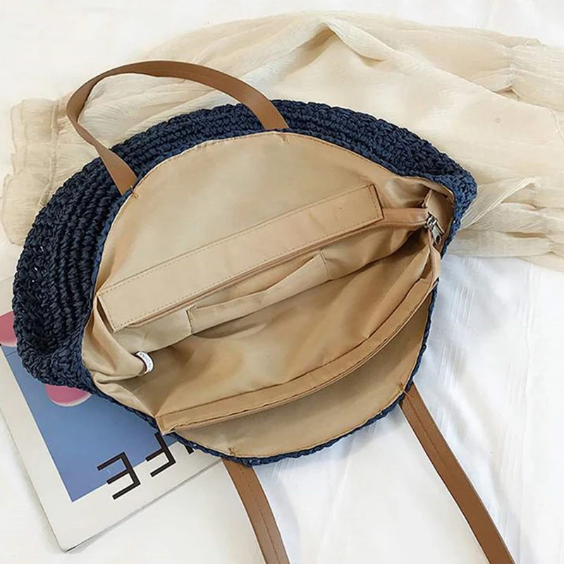 Large Capacity Round Zipper Fashionable Straw Woven Bag Handmade Summer Beach Travel Holiday Women Bags