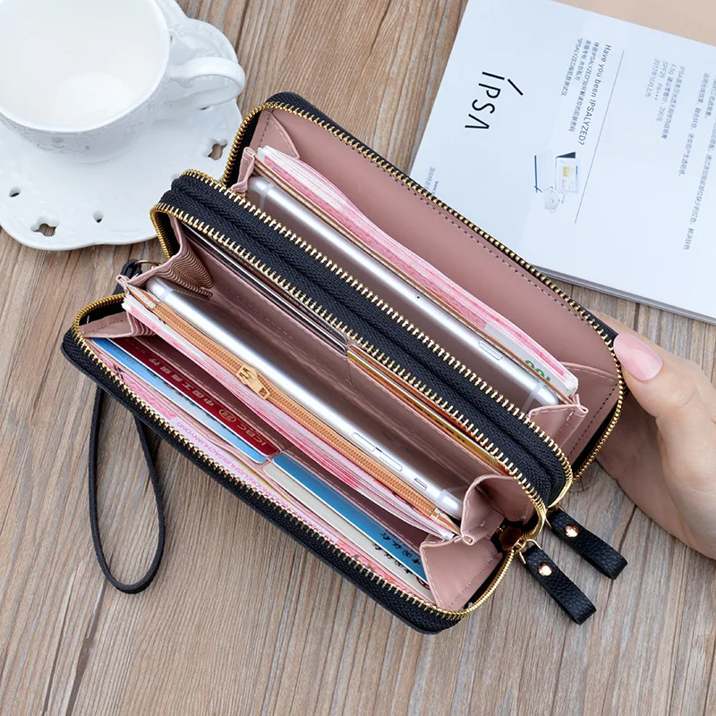 Cartera para teléfono para mujer, cartera grande de cuero, Retro, tarjetero, doble cremallera, 2022|Carteras| - AliExpress