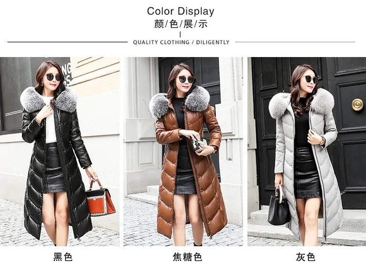 Haining Winter New Style Genuine Leather down Jacket Women's Sheep Leather down Jacket Leather Coat Women's Exta-long Hoode