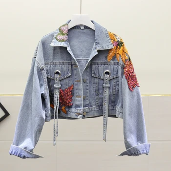 

Korean Sequins Embroidery Denim Jacket Women Vintage Washed Slim Outerwear Female Short Jeans Jacket Chaqueta Mujer Basic Coat