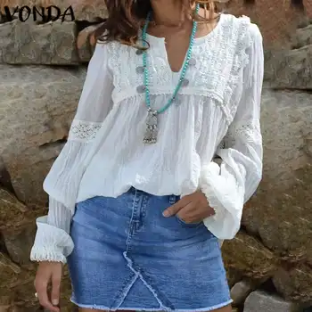 

Bohemian Tops Women Hollow Lace Blouse 2020 Spring Casual Loose V Neck Long Lantern Sleeve Blouse Female Beach Shirts 5XL