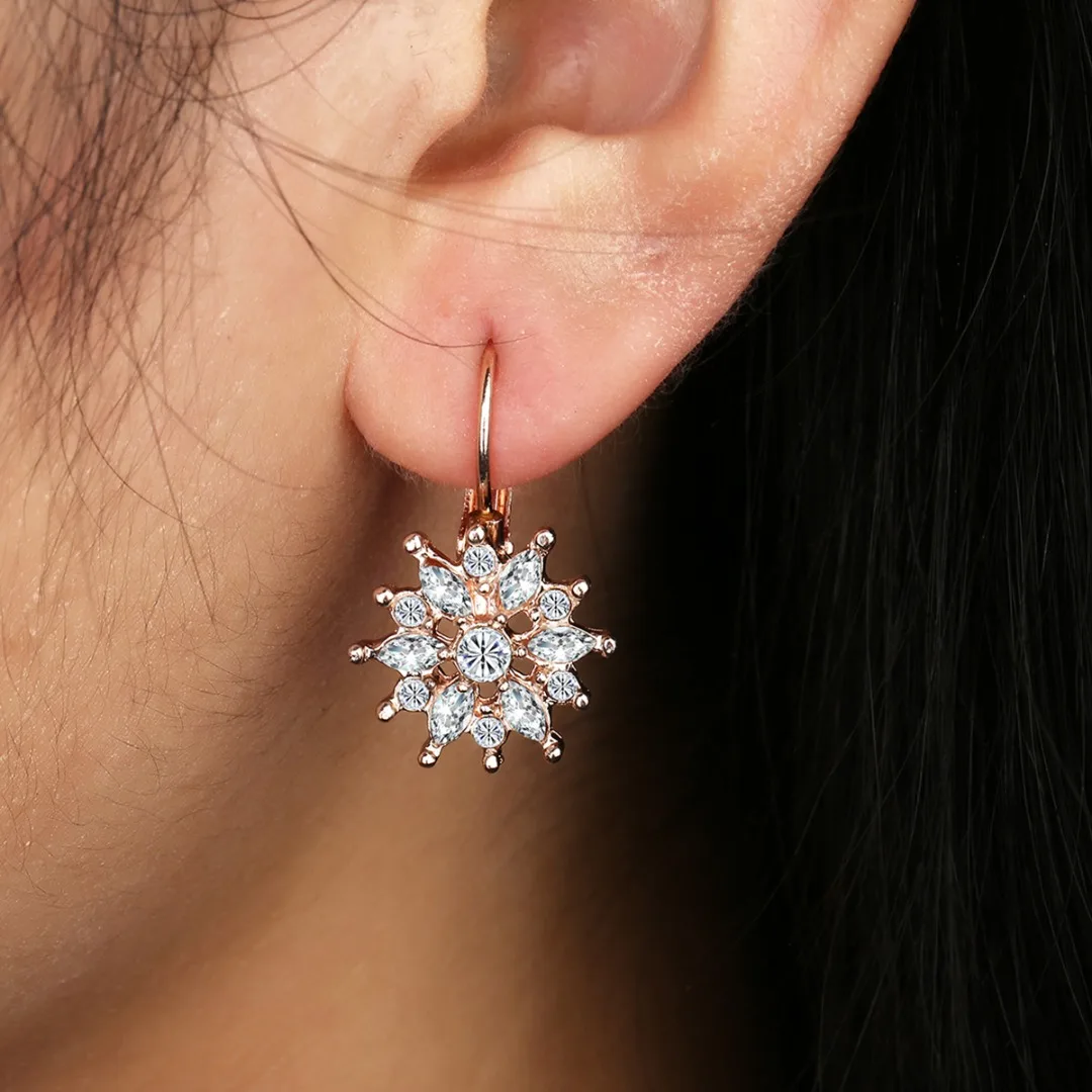 Fashion Princess Luxury Crystal Snow Flower Silver Gold Plated Hoop Earring for Women CZ Bridal Wedding Earring Jewelry Gift