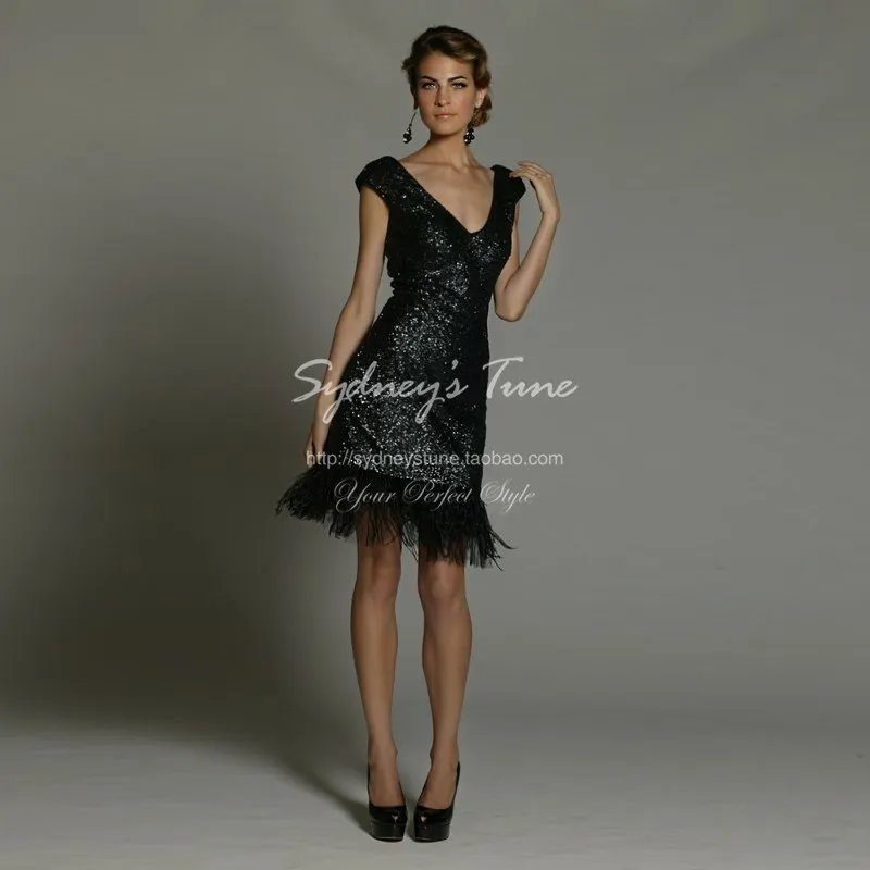 robe de soiree Новая мода Дешевые Блестки Перо vestido de festa Пром платье Короткое платье подружки невесты