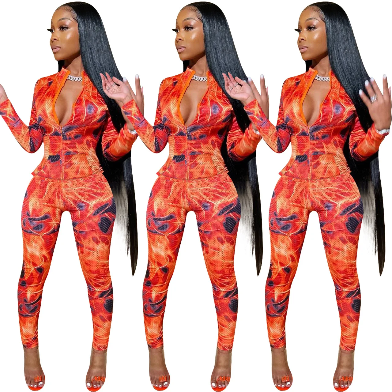 

New Arrival Autumn Women Suit Hot Style Tie-dye Print Mesh Zipper Long-sleeves Tops & Trousers All-matching 2 Piece Set