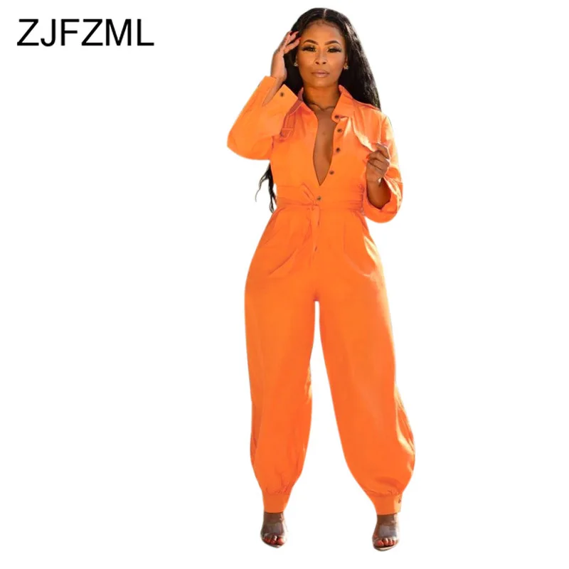

Buttons Up Streetwear Color Neon Playsuit Women Turn-Down Collar Long Sleeve Slim Overall Autumn High Waist Belt Causal Jumpsuit
