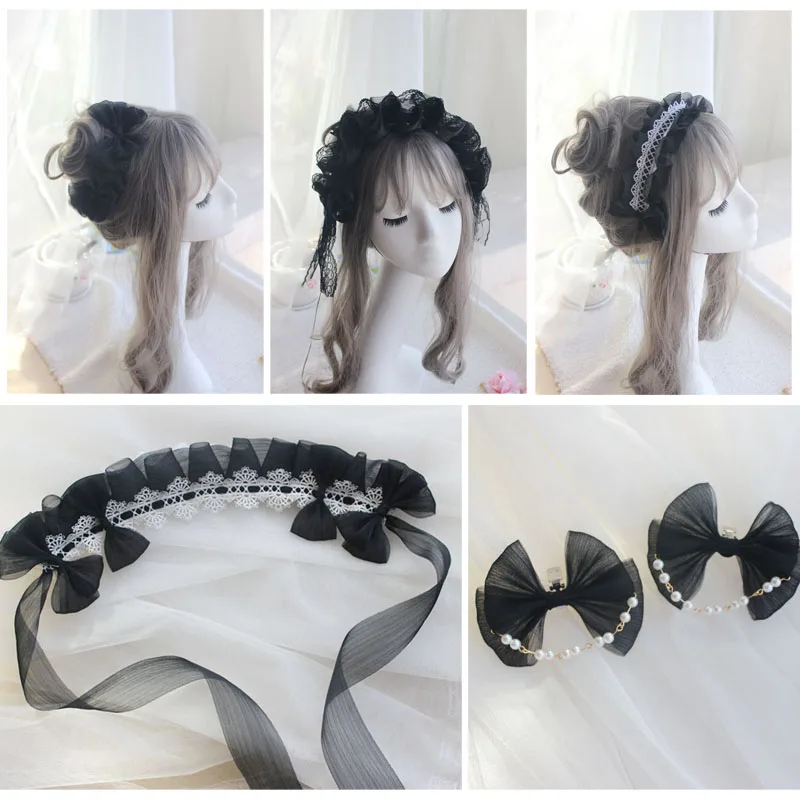 

Harry's duck black small lolita hair band big bow side clip neck chain Lolita accessories KC