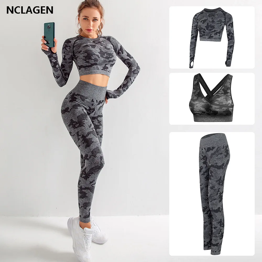 Women Yoga Sets Fitness Sport Wear 3 Piece Leggings High Support Bra