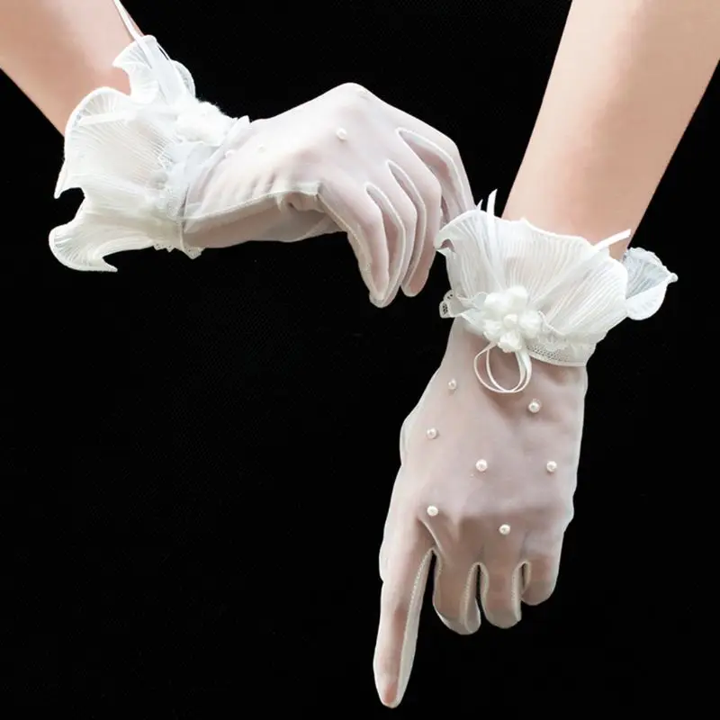 Свадебные кружевные короткие перчатки с оборками, Украшенные бусинами и цветами, варежки для выпускного вечера