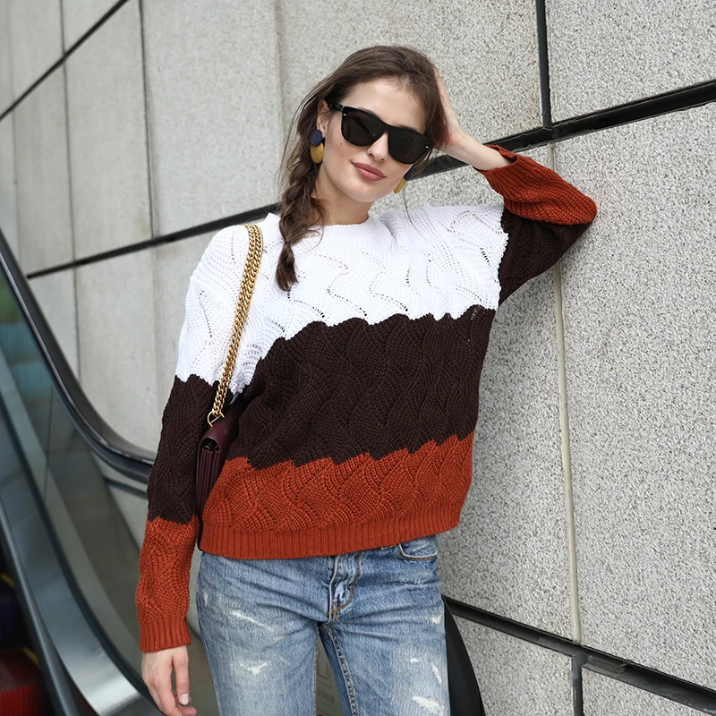BEFORW, Осень-зима, контрастный цвет, женский свитер, Повседневный, с длинным рукавом, пуловеры для женщин, с круглым вырезом, вязаные топы, женский джемпер, мягкий - Цвет: Коричневый