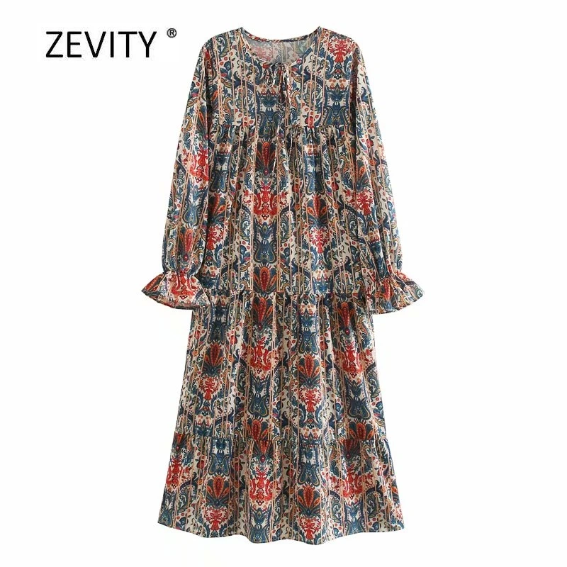 Zevity Women vintage totem flower vestios print casual loose midi dress female Chic lace up round collar straight Dresses DS4084 Zevity Women vintage totem flower vestios print casual loose midi dress female Chic lace up round collar straight Dresses DS4084