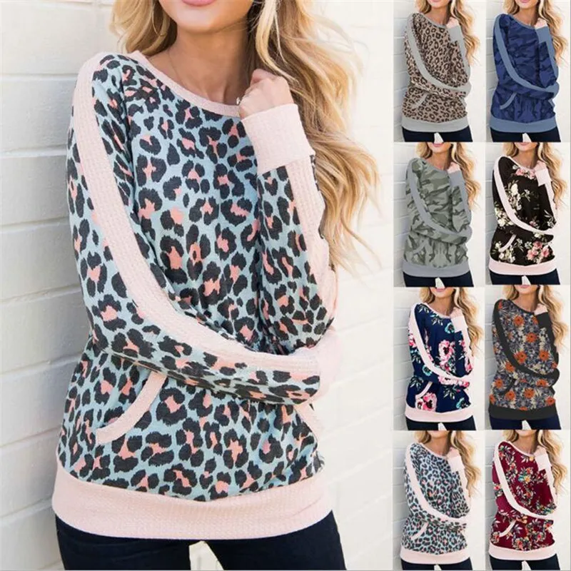 

Women Long Sleeve T-Shirts for Streetwear Patchwork Design O-Neck Leopard Print Top Fashion Lady Autumn Casual Loose Shirts