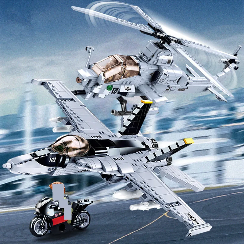 

Aviation Military DIY Building Blocks F/A-18E Fighter Armed Helicopter Aircraft Plane War Weapon Bricks Educational Kids Toys