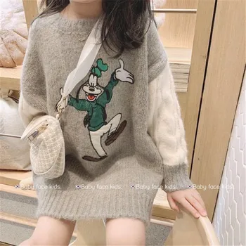

New Disney Goofy Children Knitted Sweater Pullover Color Matching Korean Girl Sweatshirt Cartoon Embroidery Tops Winter Clothes