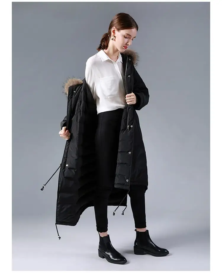 Grande vraie fourrure de raton laveur naturelle hiver veste manteau femmes canard doudoune e paisse chaude femme veste longue grande задняя парка