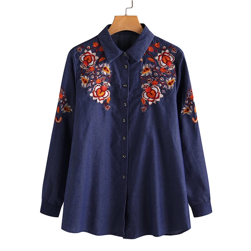 ZANZEA, женская блузка с цветочной вышивкой, осенняя джинсовая синяя рубашка с длинным рукавом, Женская туника, топы на пуговицах, блузы, вечерние топы