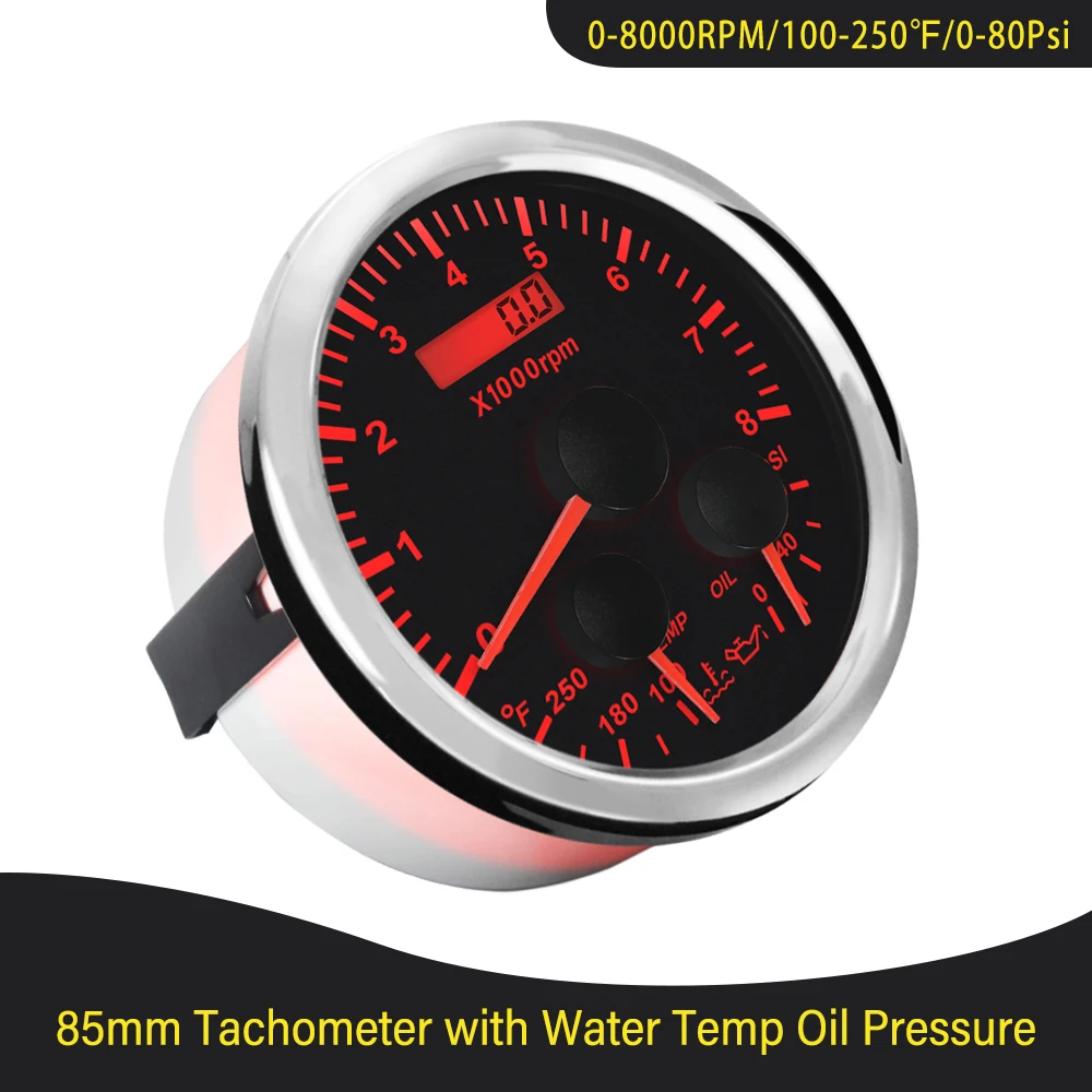 

ELING 85mm Tachometer Tacho Gauge 0-8000RPM with Water Temp Oil Pressure Tachometer Red Backlight for Car Boat Universal 12V