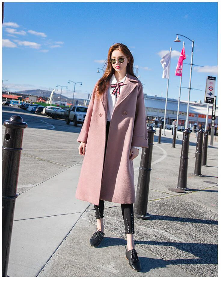 Женское XS-2XL шерстяное пальто, двубортная куртка размера плюс, длинное шерстяное пальто из смешанной ткани, модная женская одежда, розовые, синие пальто Kpop
