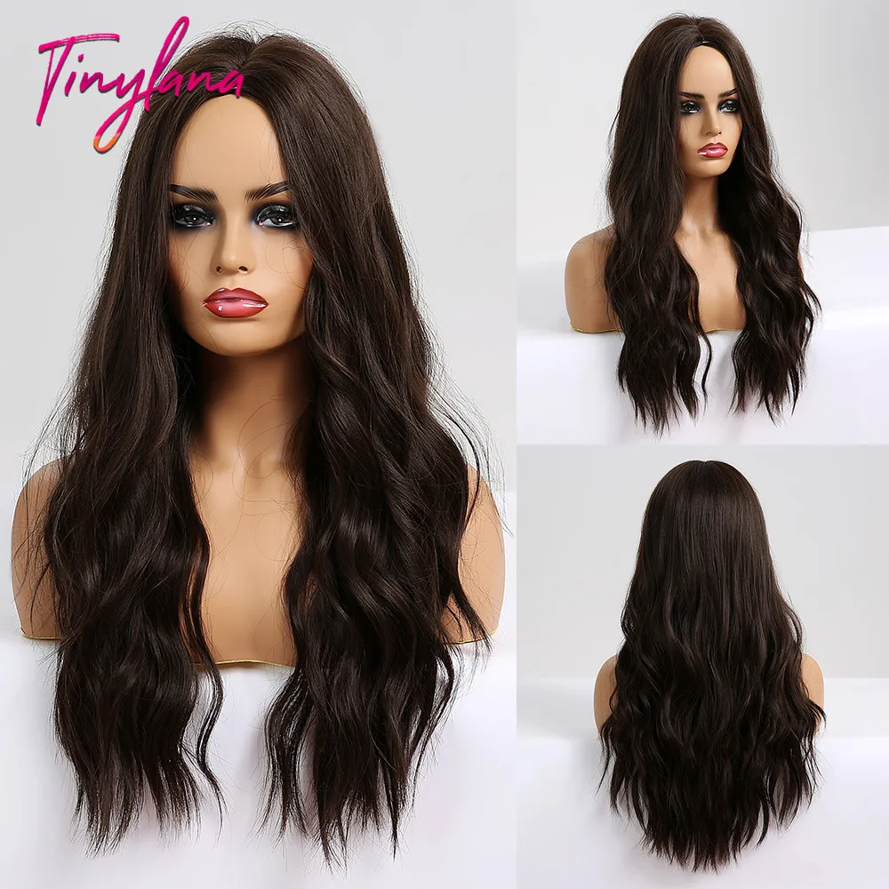 TINY LANA Long Ombre Brown Light Blonde Synthetic Wigs Middle Part Water Wave Cosplay Wig For Black Woman Heat Resistant Fibre