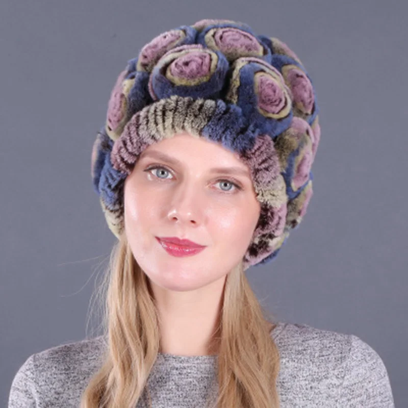 Женская Шапка-бини из кроличьего меха HaWinter, шапка ts, толстые теплые шапочки, Элегантная Дамская Лоскутная шапка из натурального меха для России, шапка s - Цвет: 03