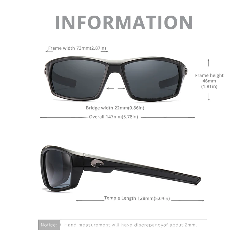 8903 COSTA Brand Square Sunglasses Metal 3D logo Mirrored lens Men Driving Fishing Sun glasses UV400 Summer Shades Eyewear women