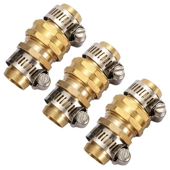 

3 Sets Brass 3/4inch Garden Hose Mender End Repair Male Female Connectors with Stainless Clamp