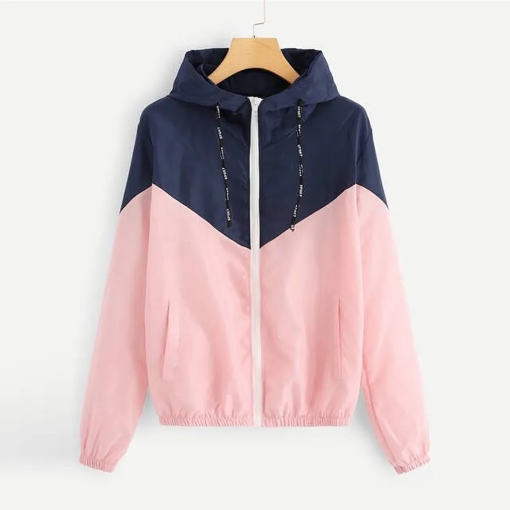 

Autumn Fashion Trench Coat Womens Windbreaker Long Sleeve Patchwork Thin Skin Suits Hooded Zip Stitching Outwear Coat тренч Z4