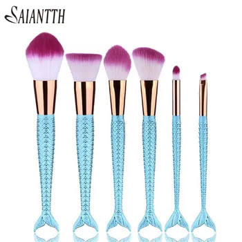 

Saiantth 6pcs Mermaid Makeup Brushes Set Fish Tail Portable Make Up Tool with Fish Scale Foundation Eyeshadow Brush Beauty Kit