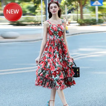 

Summer Prairie Chic Layers Dresses Spaghetti Straps Slim Style Women Flower Printing Ball Gown Dress High Quality Korean Fashion