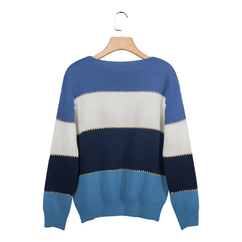 Women Winter jumper Long Sleeve Knitted pull Sweaters Striped Patchwork Autumn Oversize sweater Ladies Casual Loose Pullover - Цвет: Синий