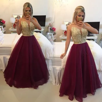 

Long Evening prom gown 2018 Formal Sheer Sexy Gold Appliques A-Line Burgundy Party vestido de noiva mother of the bride dresses