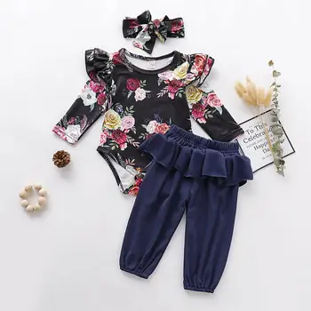 

Kids Cotton Long Sleeve Flower romper + Pant + Headband 3PC outfits for baby Gils 0-24M