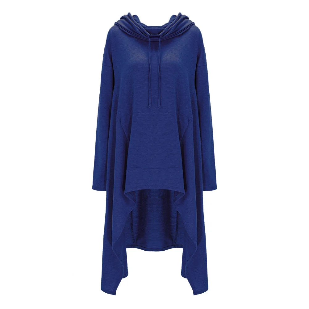 Solid Color Full Sleeve Hooded Pullover Hoodie Autumn Casual Women Pockets Fitting Standard Asymmetrical Long Hoodie MK5315