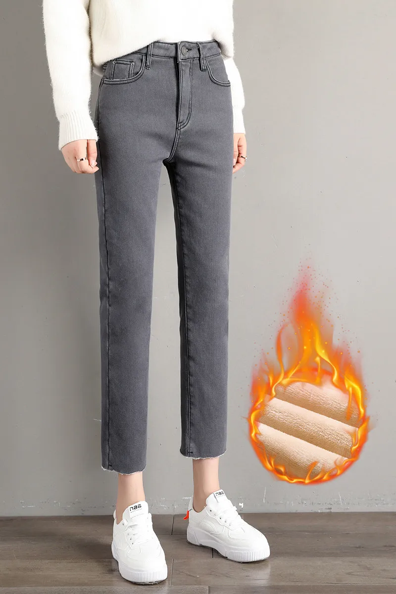 Высокая Талия Джинсы с флисом для Для женщин зимние утепленные джинсовые штаны модные зимние джинсы пикантные однотонные штаны OL теплая уличная Штаны P9242