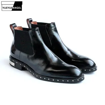 

Luxury Genuine Leather Ankle Boots Men Rivet Slip On Elastic Chelsea Boots Winter Pointed Toe Quality Work Shoes Botas Hombre