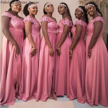 

Pink Applique Lace Long Bridesmaid Dresses 2020 A Line Off The Shoulder With Split Wedding Party Dress Vestido De Fiesta De Boda