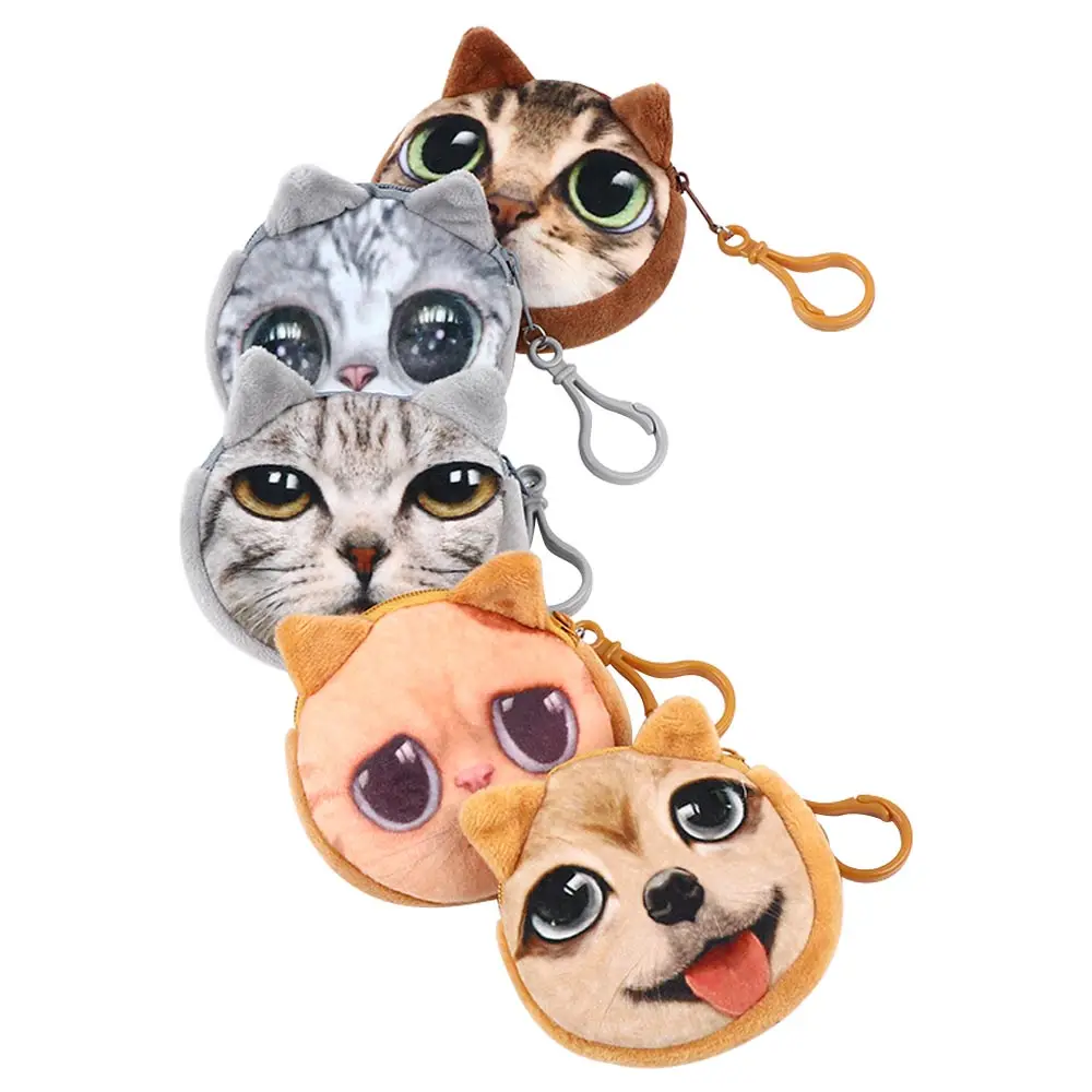 

1Pc Fashion Coin Purses Women 3D Cat Plush Wallet Ladies 3D Printing Cats Dogs Animal Face Mini Zipper Bag Kids Girl For Gift