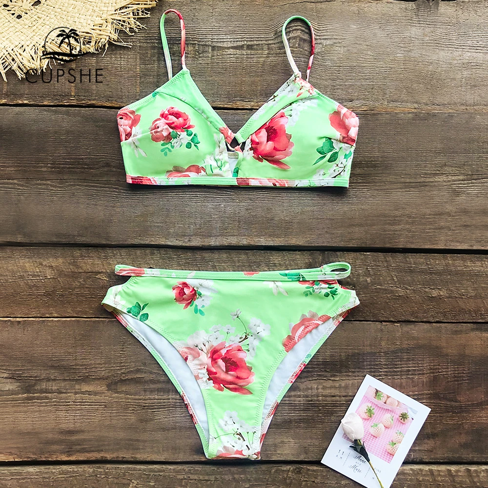

CUPSHE Mint Green Floral Cut Out Bikini Sets Women Sexy Ring Low-waist Swimsuit Two Pieces Swimwear 2019 Beach Bathing Suits