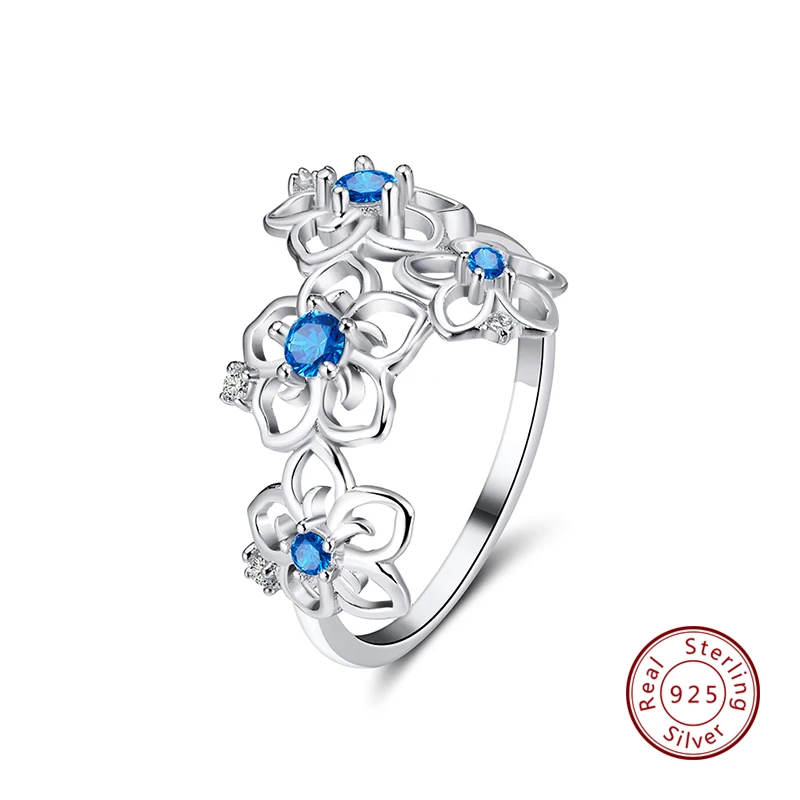 Blue CZ Effie queen, Настоящее Стерлинговое Серебро, женские кольца в виде цветка, AAA циркон, голубой, фиолетовый, прозрачный, красный, блестящий циркон, Женское кольцо для вечеринки BR91 - Цвет камня: Blue CZ