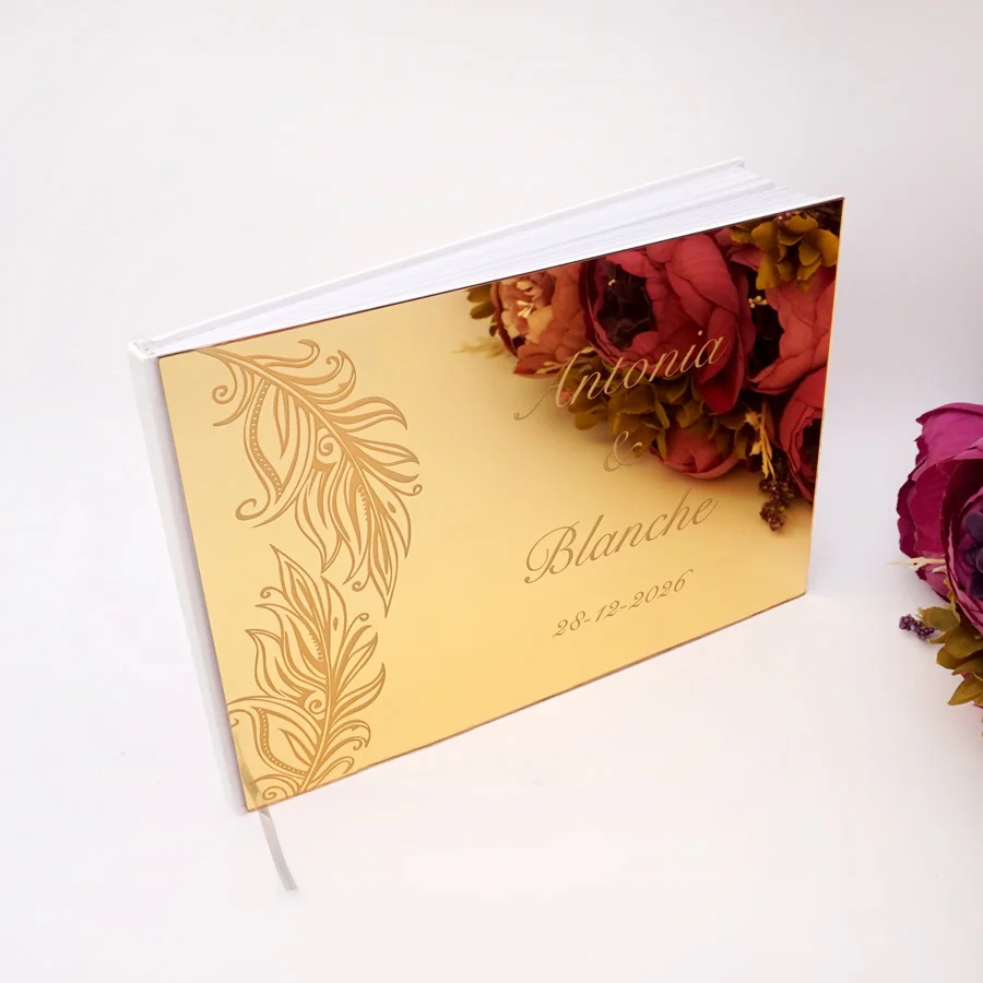 25x18cm Horizontal Tree Leaf Art Design Personalized Acrylic Mirror Cover Wedding Signature Guestbook Check in Book