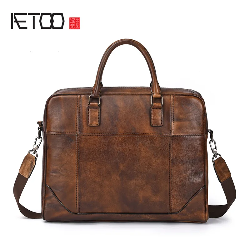 

BJYL Leather men's handbag, large capacity computer bag, head-layer cowhide handmade briefcase, vintage postman men's Bag
