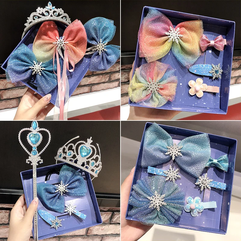 Princess Snowflake Hair Bows Blue Starry Mesh Hair Clips Bows Magic wand Christmas Gift Cosplay Party Dance Kid Hair Accessories