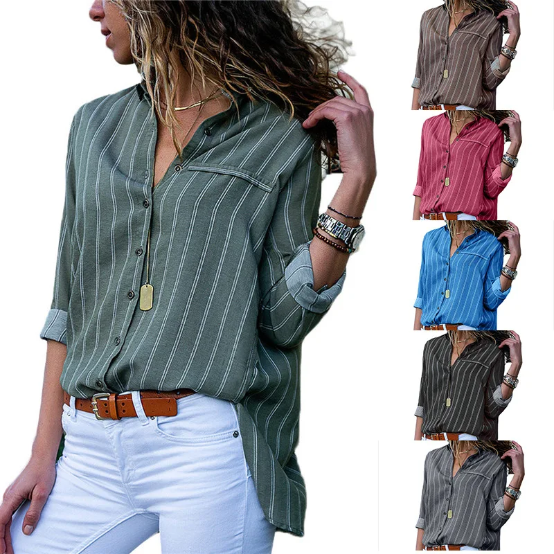 

Striped Printed Ladies Blouse 2019 High Quality Long Sleeve Blouse Turn Down Collar Office Womens Shirts Casual Plus Size Blouse