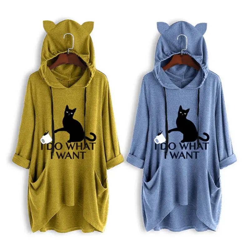 Женские толстовки размера плюс на шнурке с капюшоном I Do What I Want Cat Graphic Solid color Sweatshirt асимметричный подол Карманы Туника Топы M-5XL