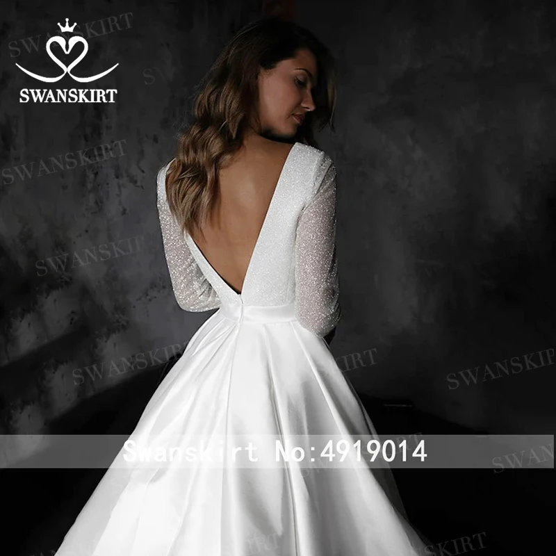Потрясающее атласное свадебное платье Swanskirt HZ32 простое ТРАПЕЦИЕВИДНОЕ платье принцессы с v-образным вырезом и длинными рукавами Свадебные платья под заказ Vestido de novia