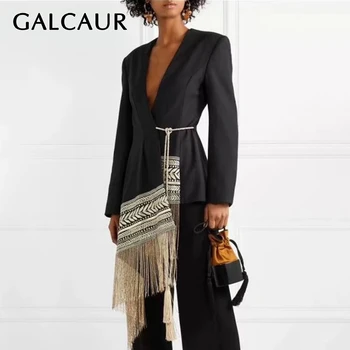 

GALCAUR Embroidery Indie Folk Women's Suit V Neck Long Sleeve Tassel Patchwork Asymmetrical Blazers Female 2020 Fashion Clothing